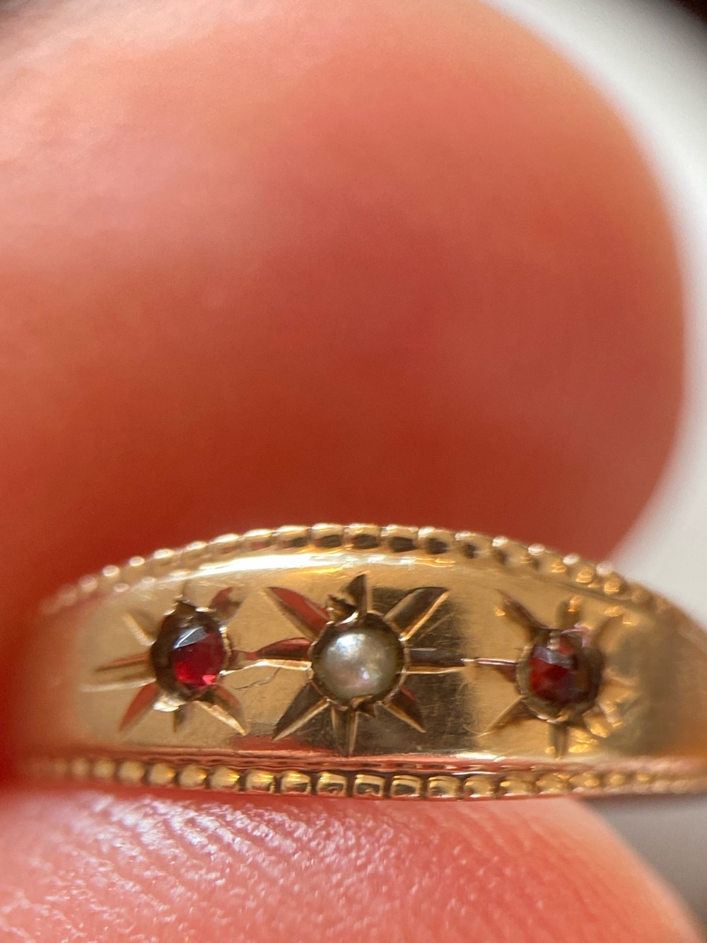 Antique Victorian 10K Rose-Cut Garnet & Seed Pearl Starburst Ring Tiny Size - Picture 3 of 12